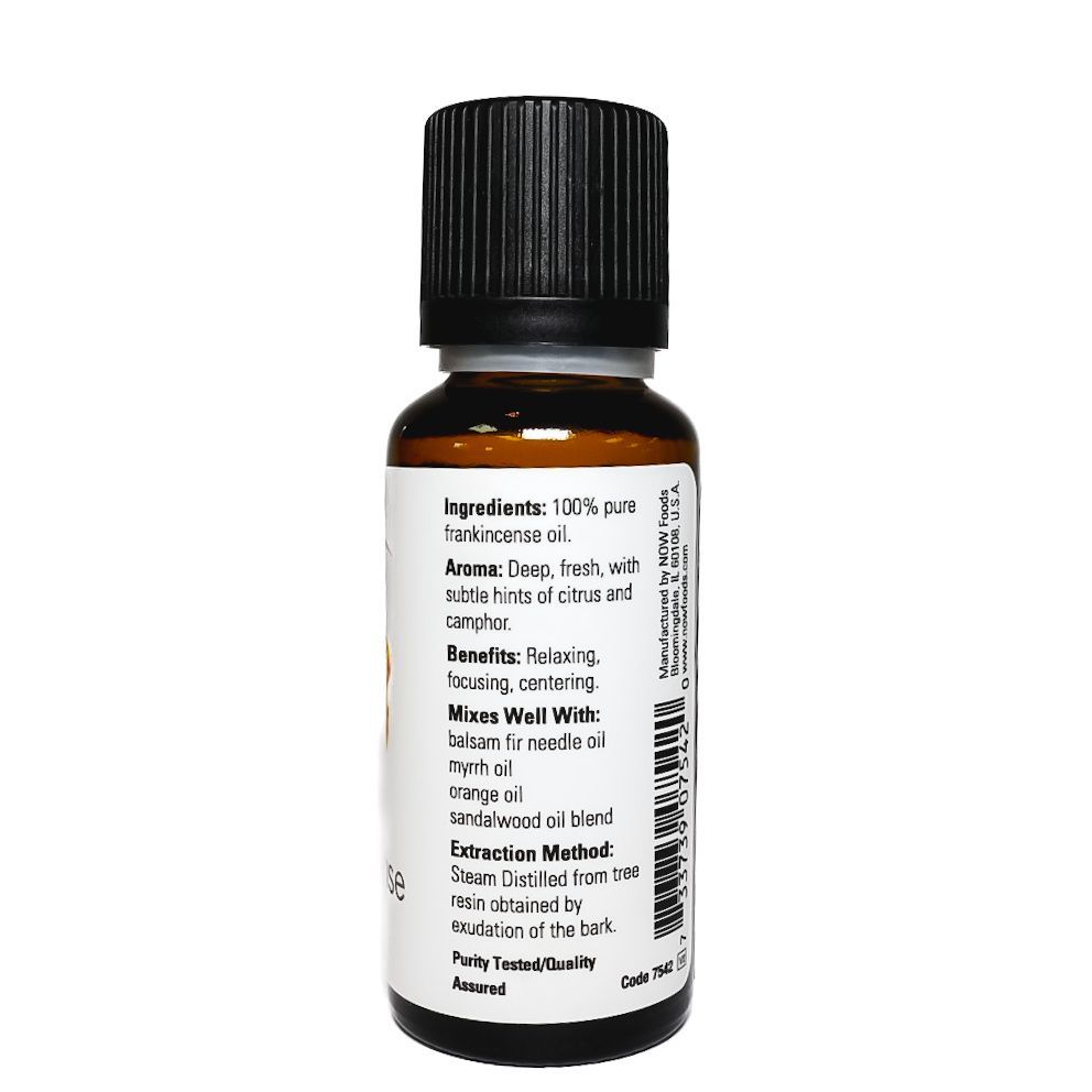 NOW Essential Oils frankincense bottle with black cap and yellow label on white background