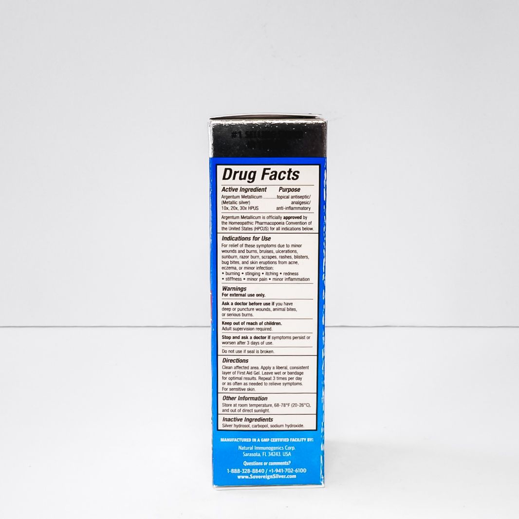 Blue-and-white Sovereign Silver First Aid Gel topical healing spray bottle box packaging