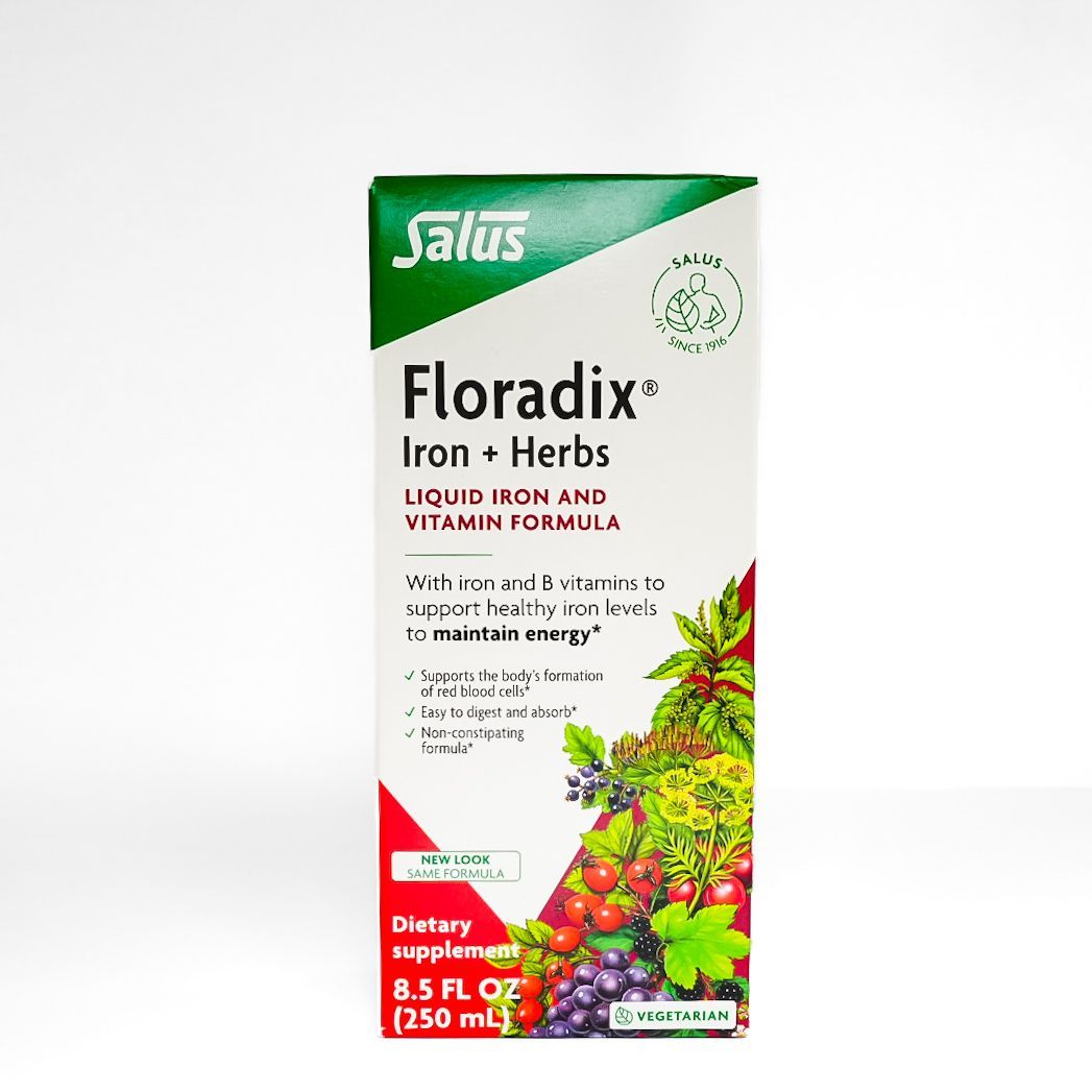 Floradix Iron + Herbs liquid iron and vitamins supplement bottle with green and red label