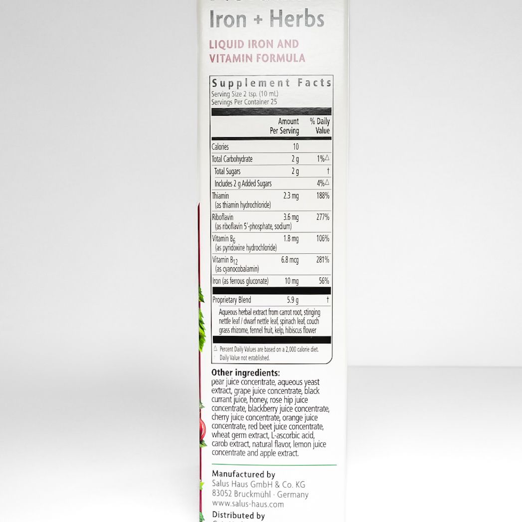 Floradix Iron + Herbs liquid iron and vitamins supplement bottle with green and red label