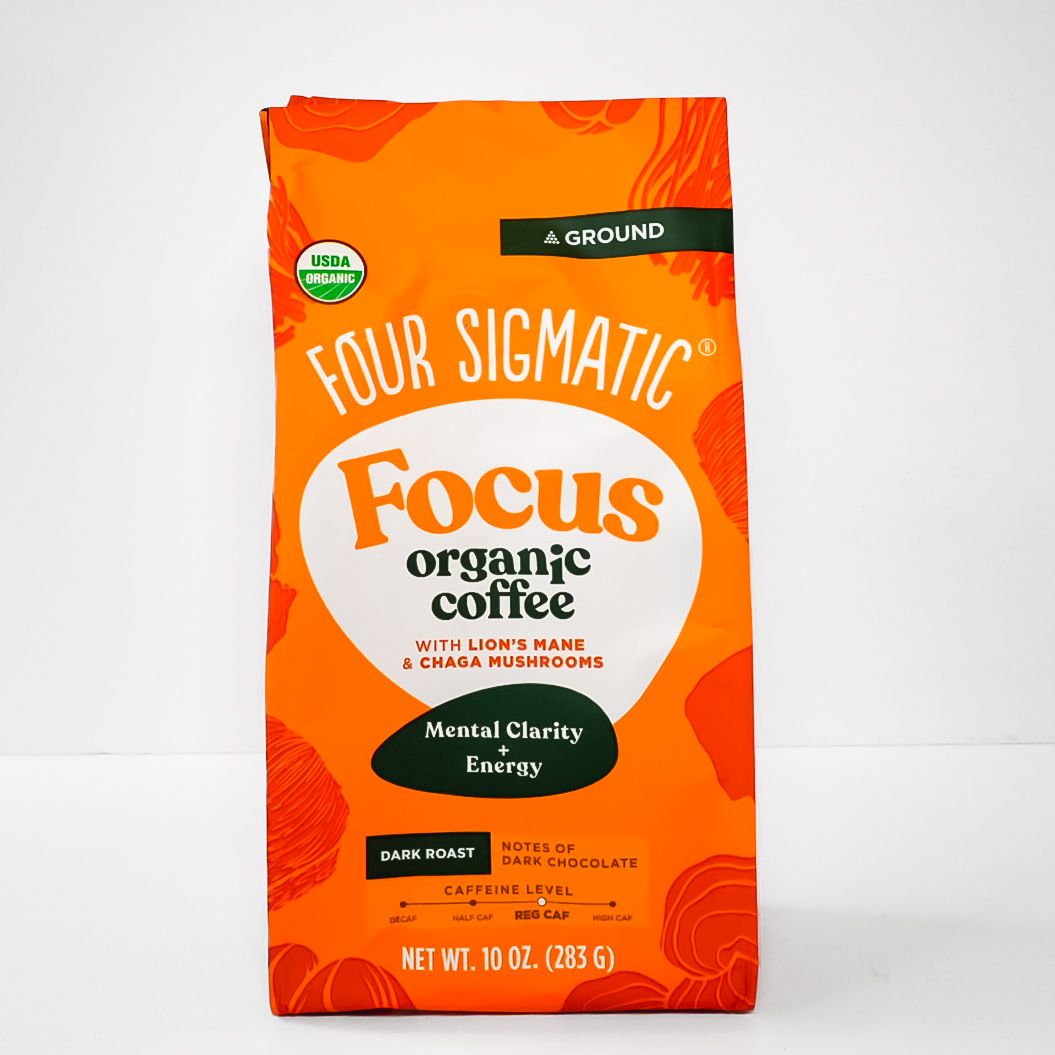 Orange Four Sigmatic Focus organic coffee bag with herbal chaga and lion’s mane mushrooms