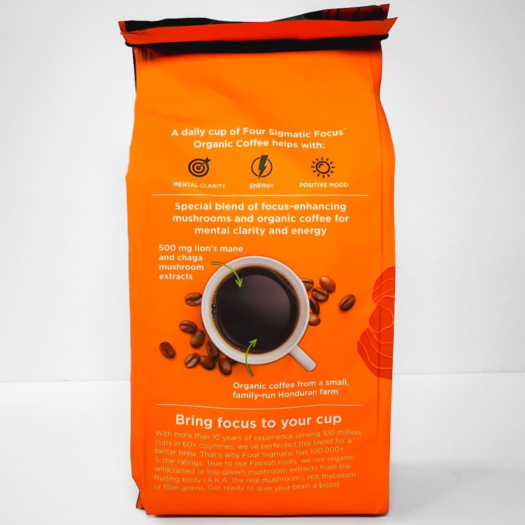 Orange Four Sigmatic Focus organic coffee bag with herbal chaga and lion’s mane mushrooms
