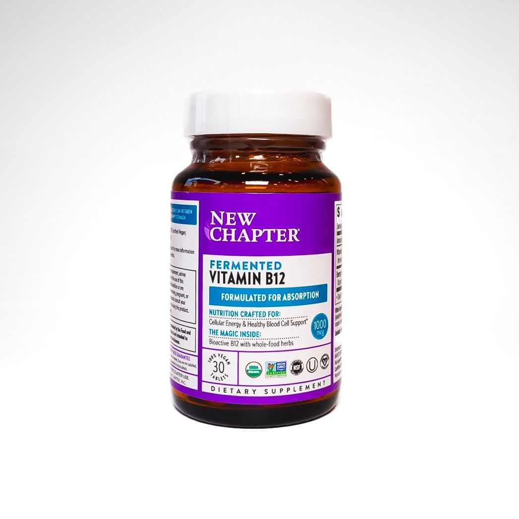 Bottle of New Chapter fermented vitamin B12 supplements with purple and white label