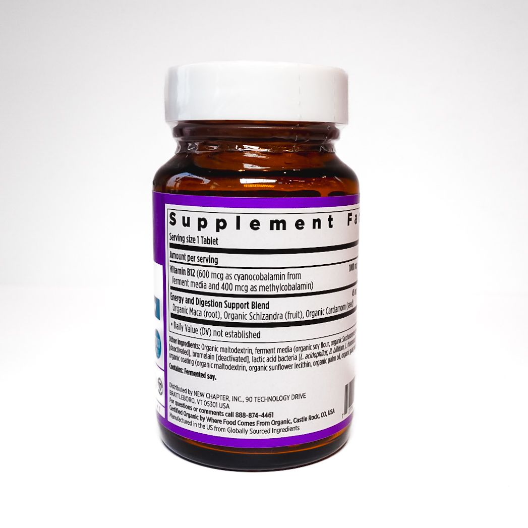 Bottle of New Chapter fermented vitamin B12 supplements with purple and white label