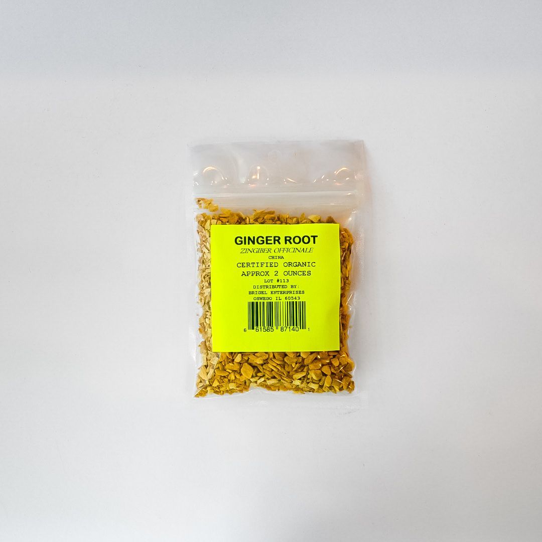 Clear plastic bag of dried ginger root with a yellow label on a white background