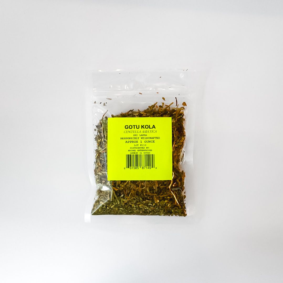 Clear plastic bag of dried herbs with a bright yellow label on a white background