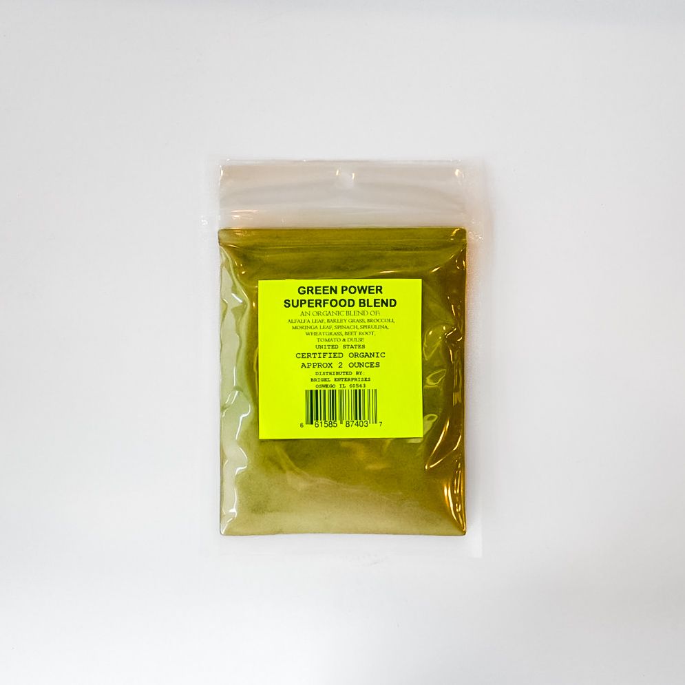 Small clear plastic bag of yellow-green powder with a bright green label on a white background