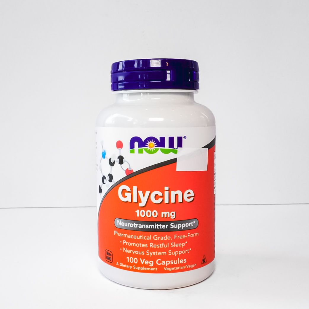 NOW® Glycine 1000 mg supplement bottle with purple cap and orange label on a white background