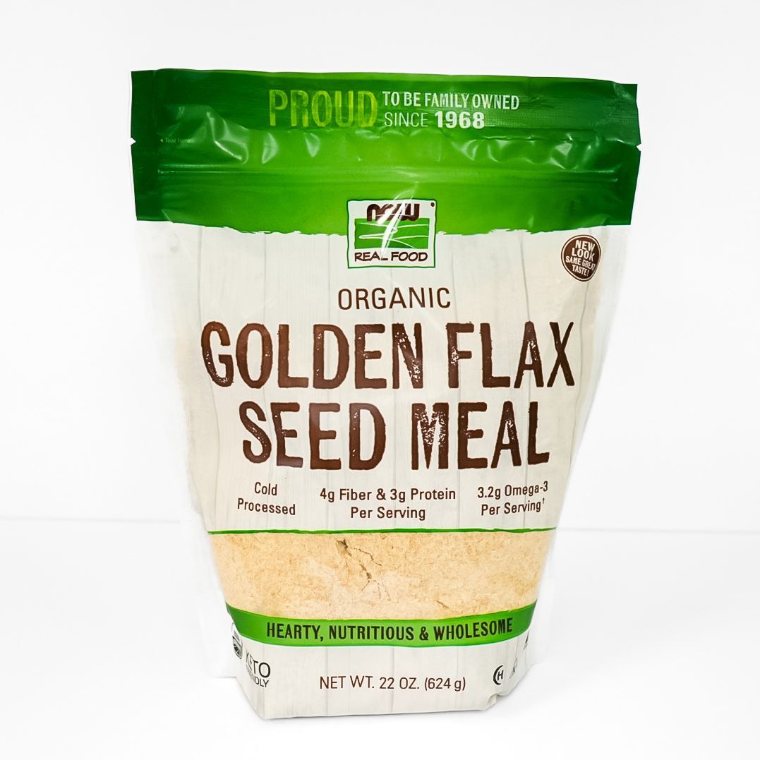 Organic Golden Flax Seed Meal pouch with green top and white label on a white background