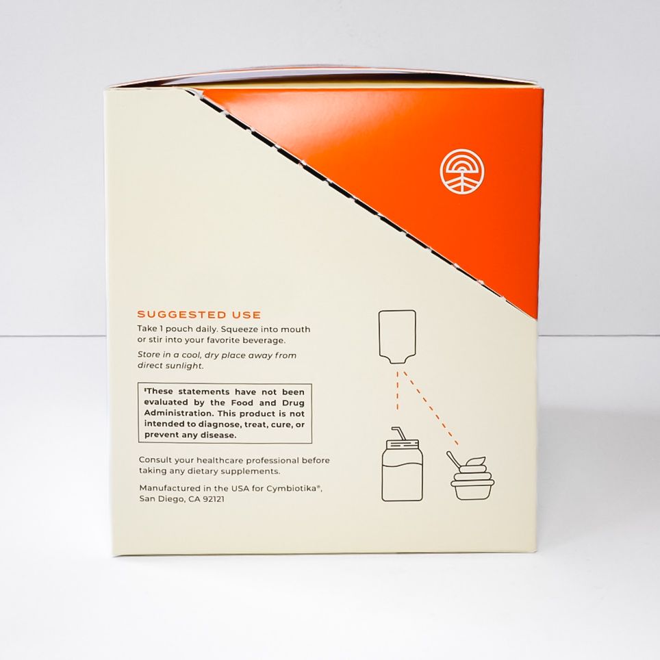 Orange and white Cymbiotika Vitamin C supplement box on a white background
