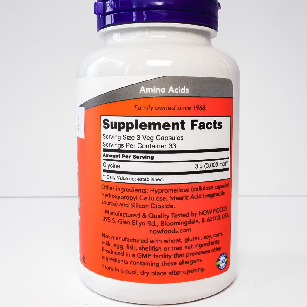 NOW® Glycine 1000 mg supplement bottle with purple cap and orange label on a white background
