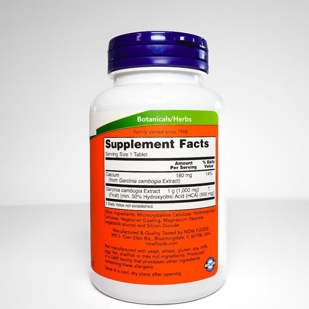NOW Garcinia 1000 mg dietary supplement bottle with orange label and purple cap