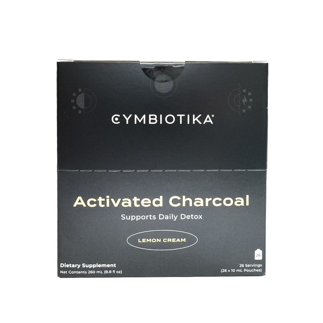 Black Cymbiotika supplement box with a white Supplement Facts label on the back