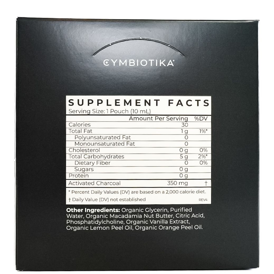 Black Cymbiotika supplement box with a white Supplement Facts label on the back