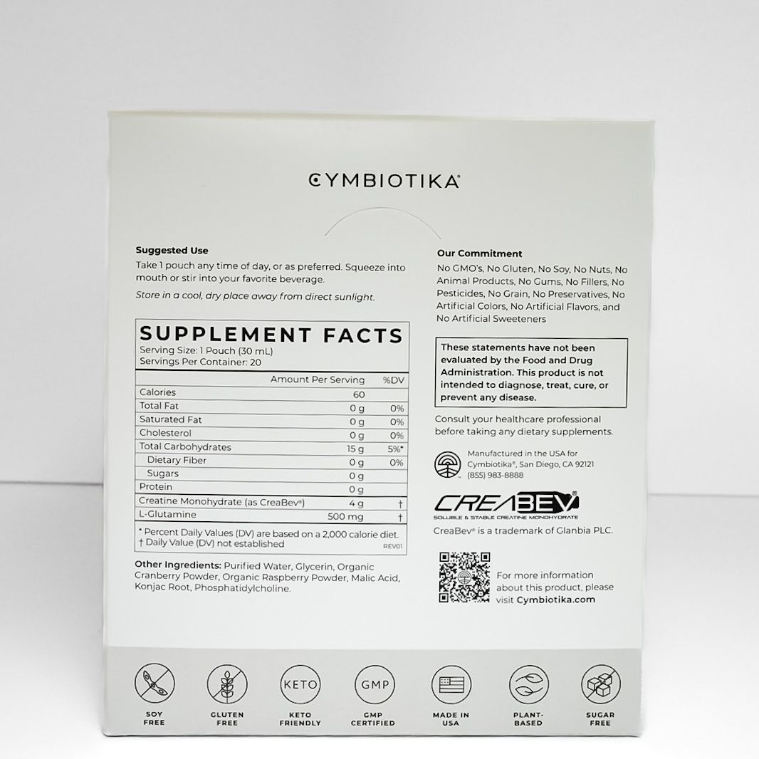 White supplement box labeled “CREATINE+” with a gray logo on a plain background