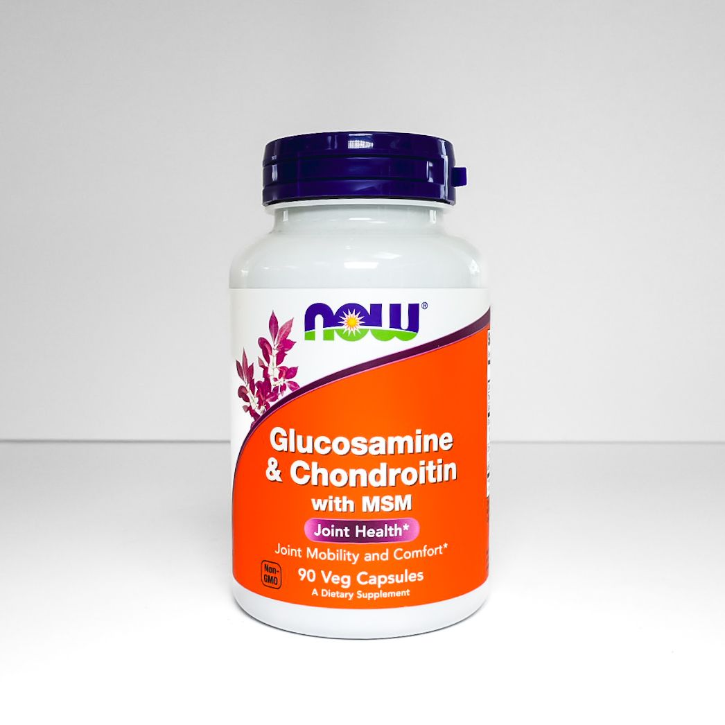NOW Foods Glucosamine & Chondroitin supplement bottle with purple cap and orange label