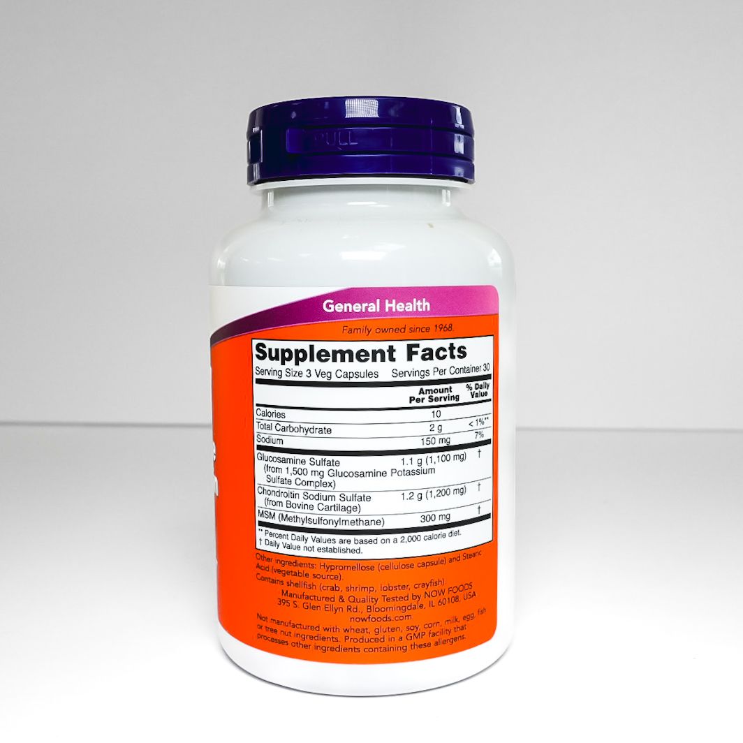 NOW Foods Glucosamine & Chondroitin supplement bottle with purple cap and orange label