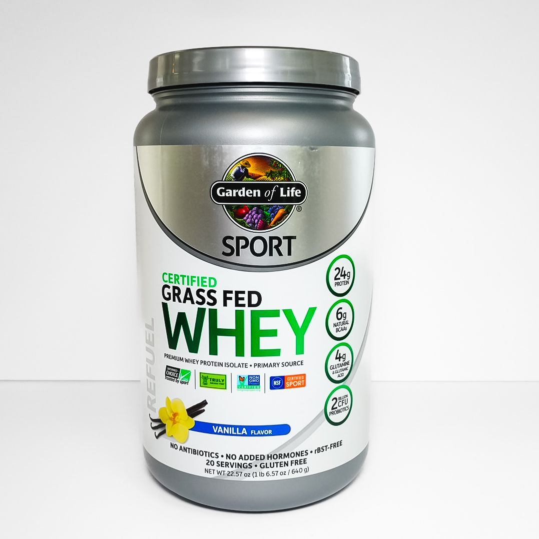 Jar of Garden of Life Sport Certified Grass Fed Whey protein powder on a white background