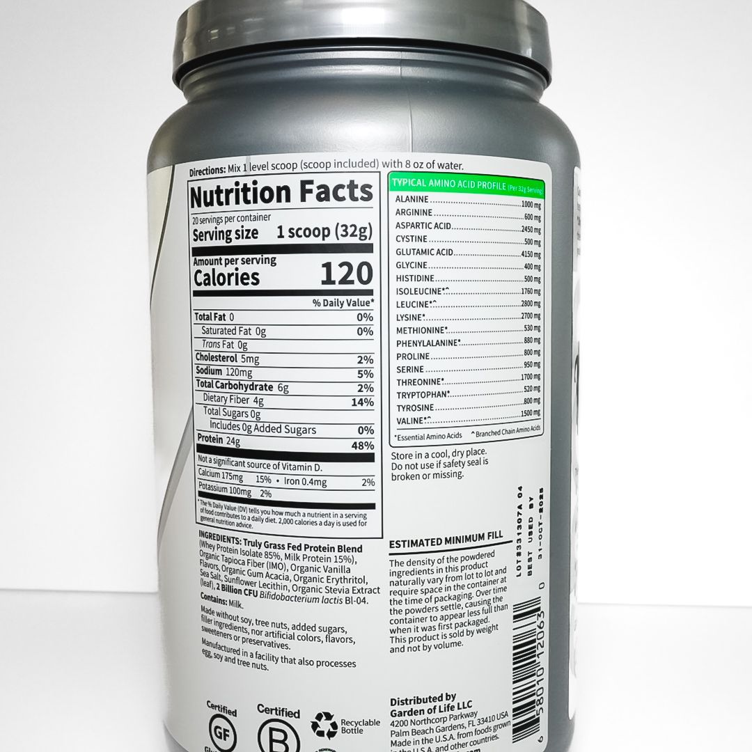 Jar of Garden of Life Sport Certified Grass Fed Whey protein powder on a white background