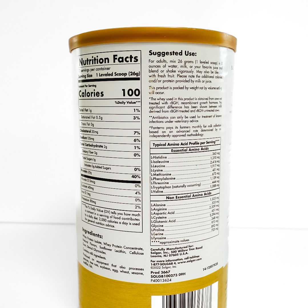 Gold and white Solgar Grass Fed Whey protein container with yellow label on a white background
