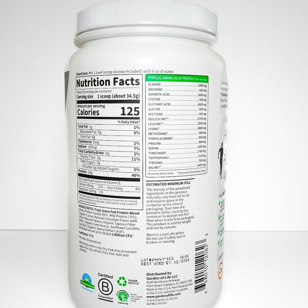 White Sports whey protein supplement jar with green label and black cap