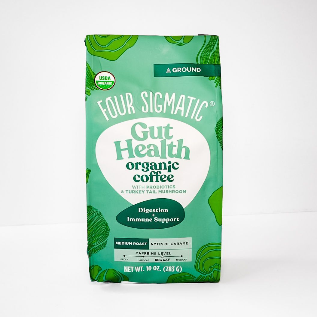 Green Four Sigmatic Gut Health organic coffee bag with mushroom drink mix label