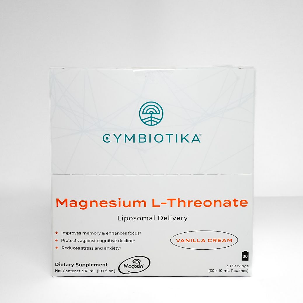 Cymbiotika Magnesium L-Threonate supplement box, white packaging with teal and orange text