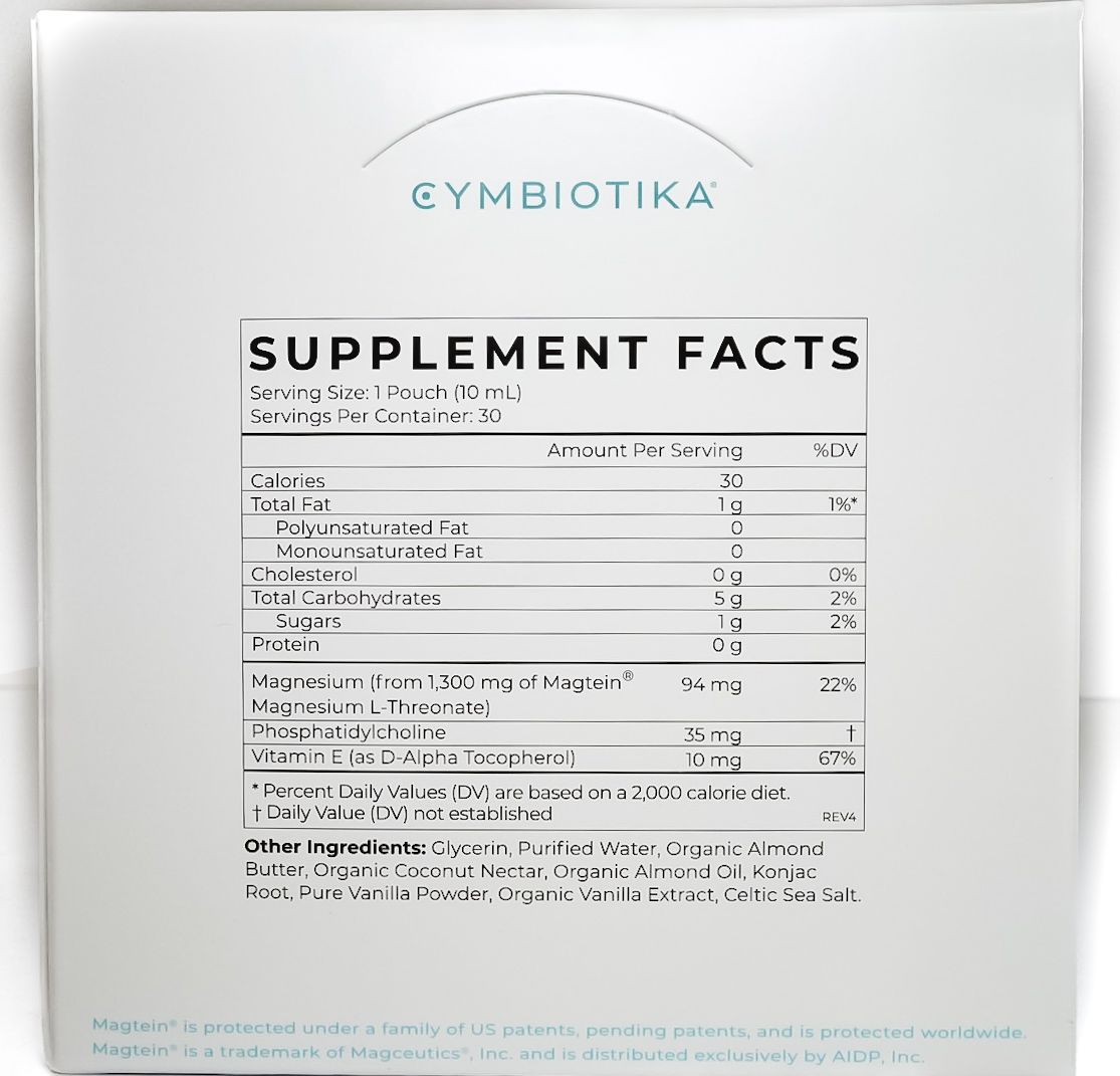 Cymbiotika Magnesium L-Threonate supplement box, white packaging with teal and orange text