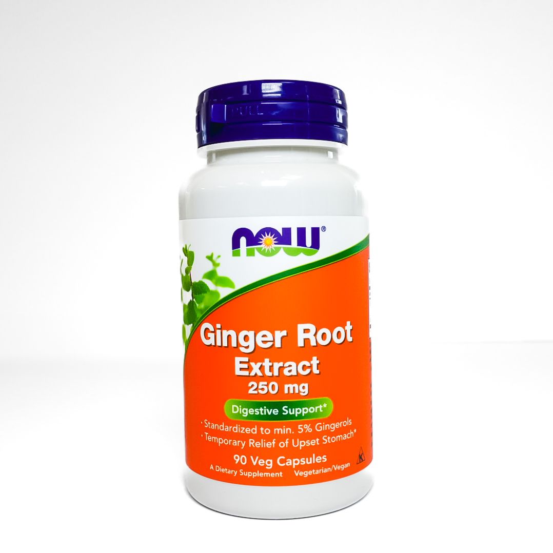 NOW ginger root extract supplement bottle with purple cap and orange label