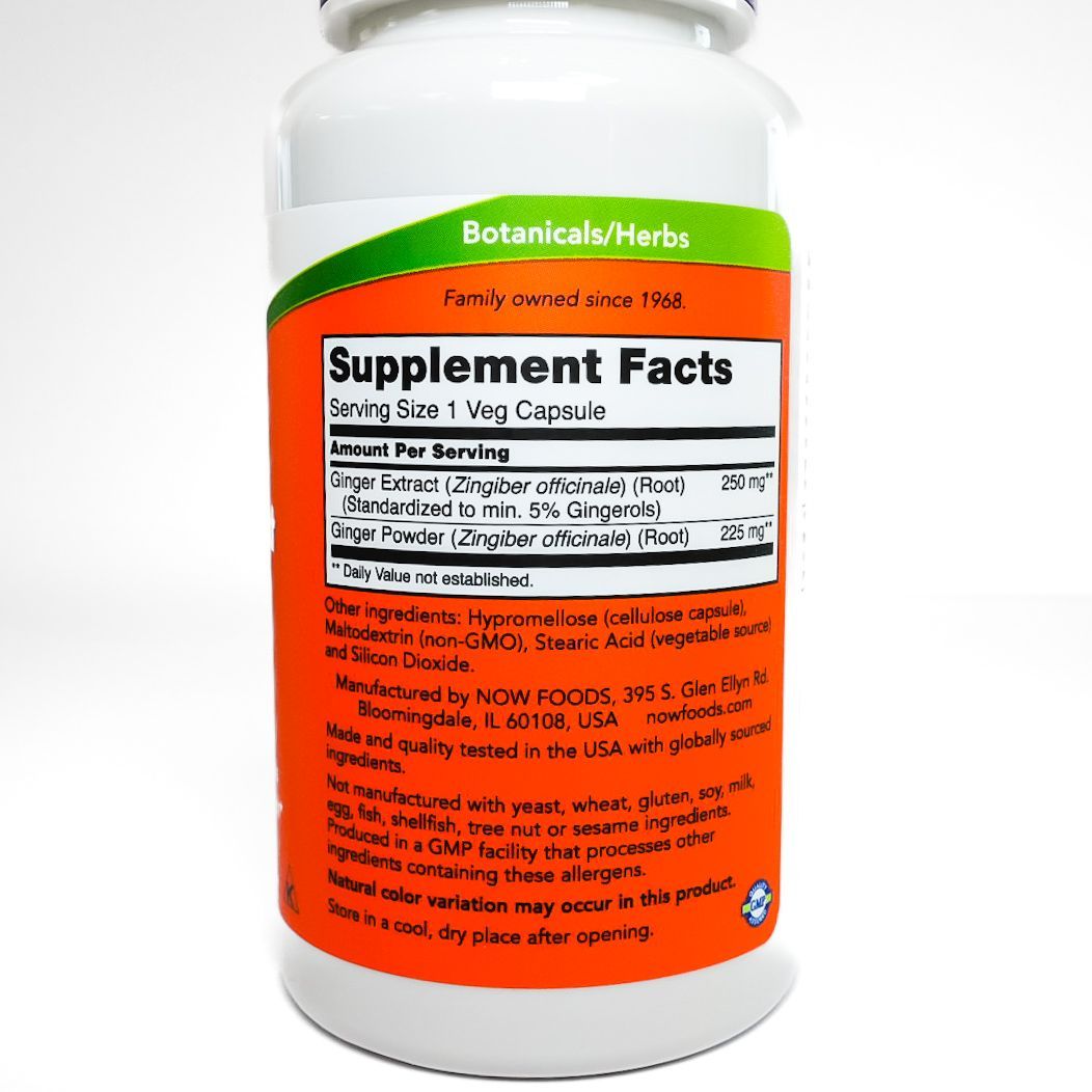 NOW ginger root extract supplement bottle with purple cap and orange label