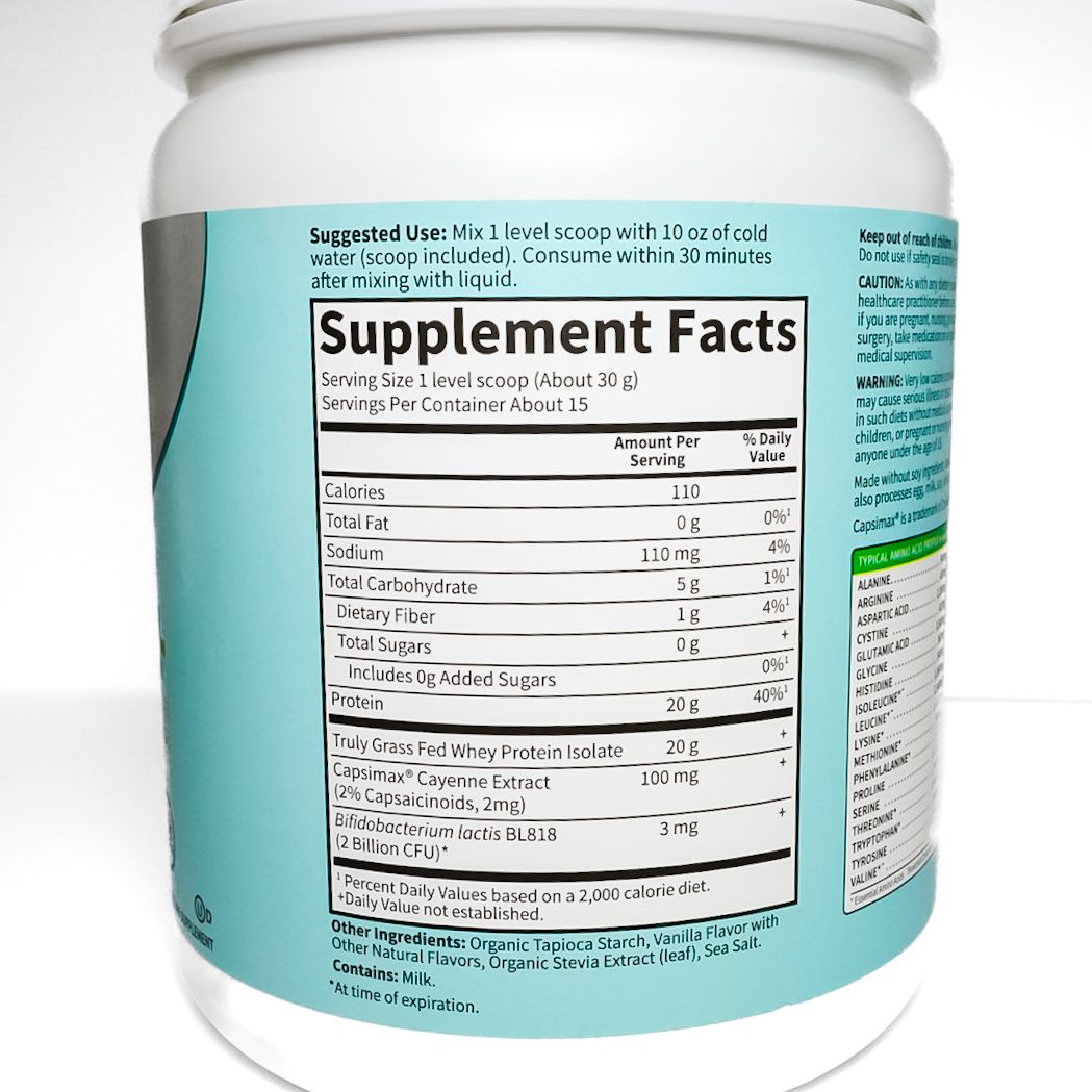 White Grass Fed Whey+ protein supplement jar with teal label on a white background