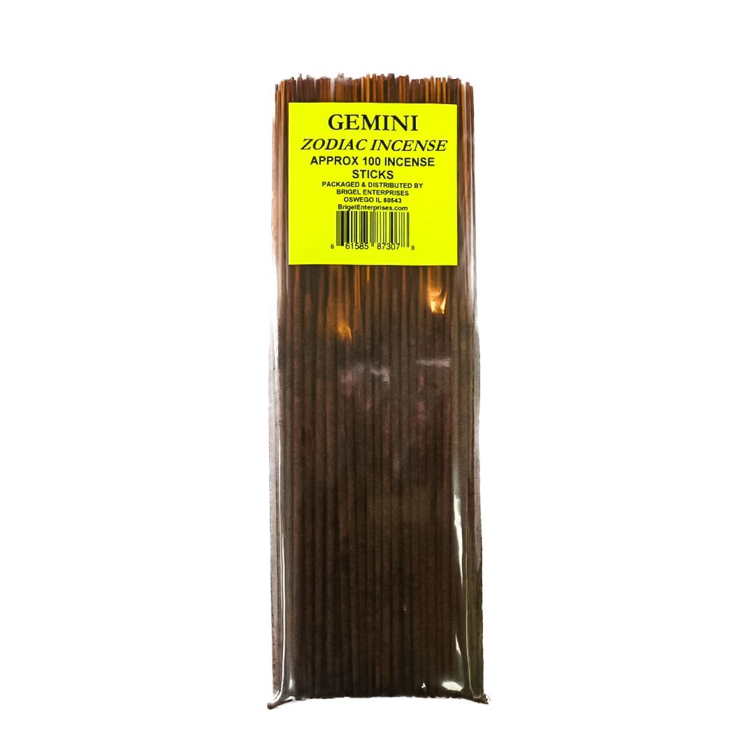 Clear plastic bag of brown incense sticks with a yellow Gemini label and barcode.