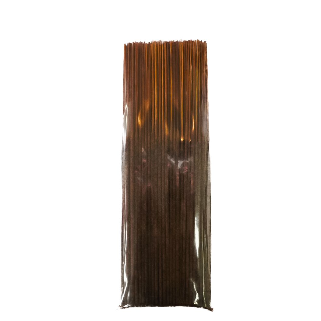 Clear plastic bag of brown incense sticks with a yellow Gemini label and barcode.