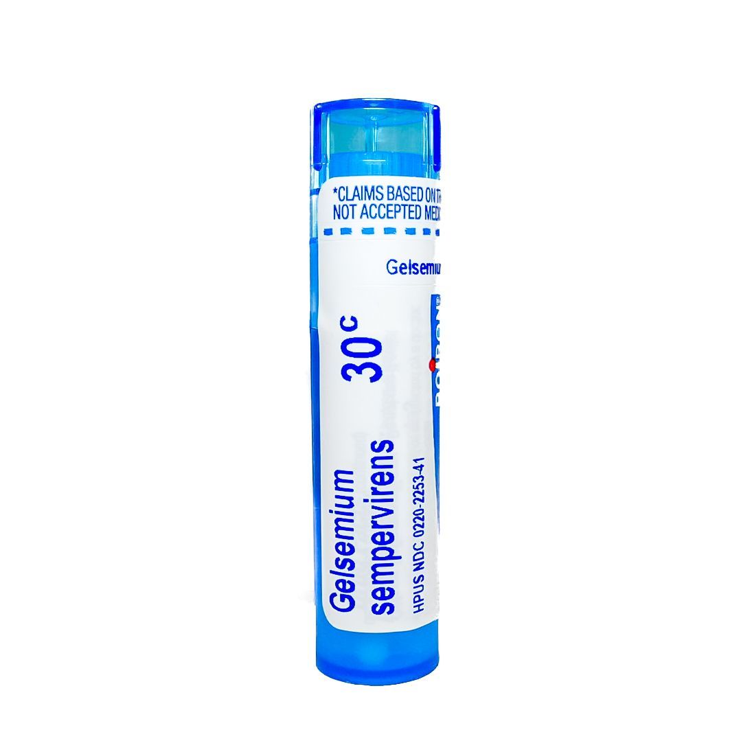 Blue medicine vial labeled “Gelsemium sempervirens” and “30C” on a white background