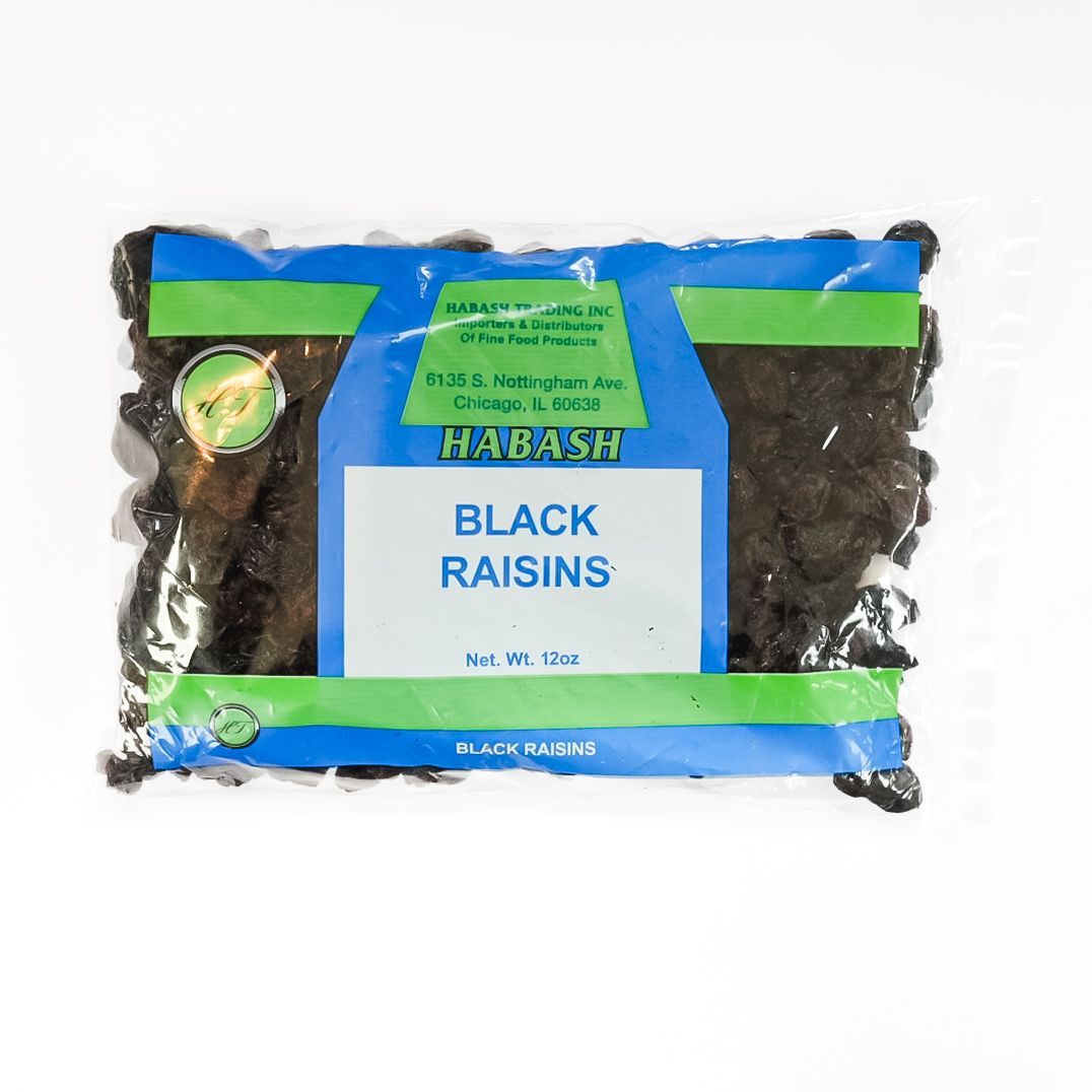 Package of black raisins in clear plastic with blue and green label on white background