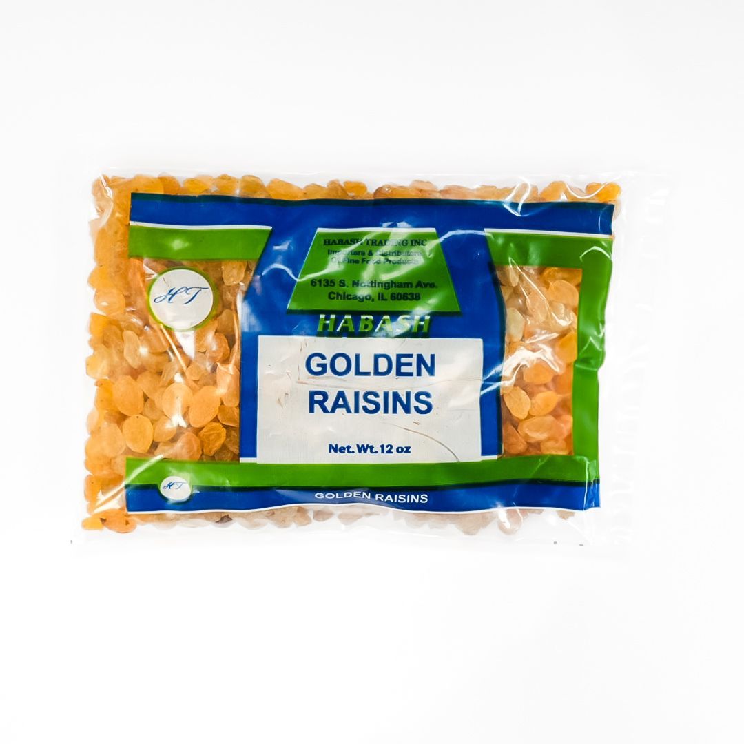 Bag of Haseeb Golden Raisins with blue and green packaging on a white background
