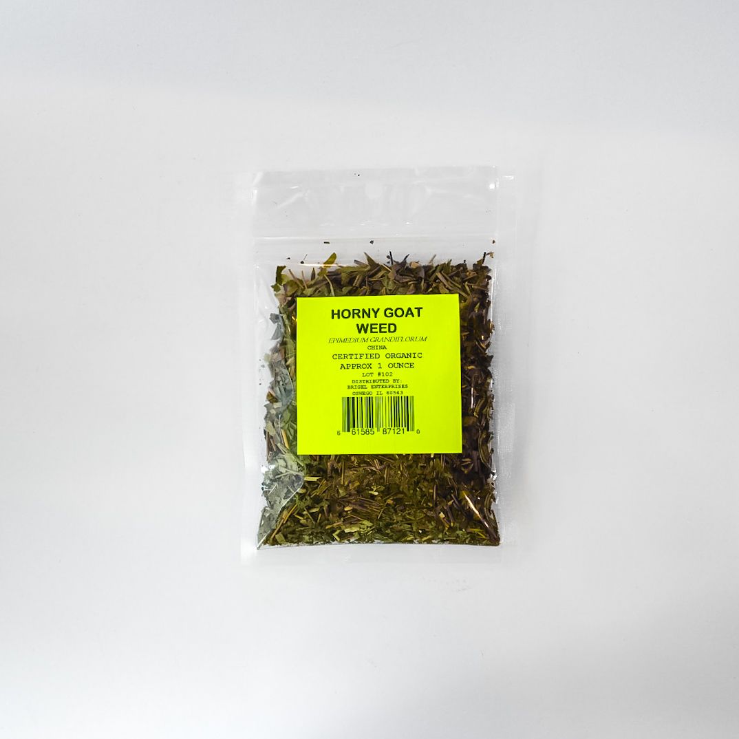 Clear plastic bag of dried herbs with a bright yellow label on a white background