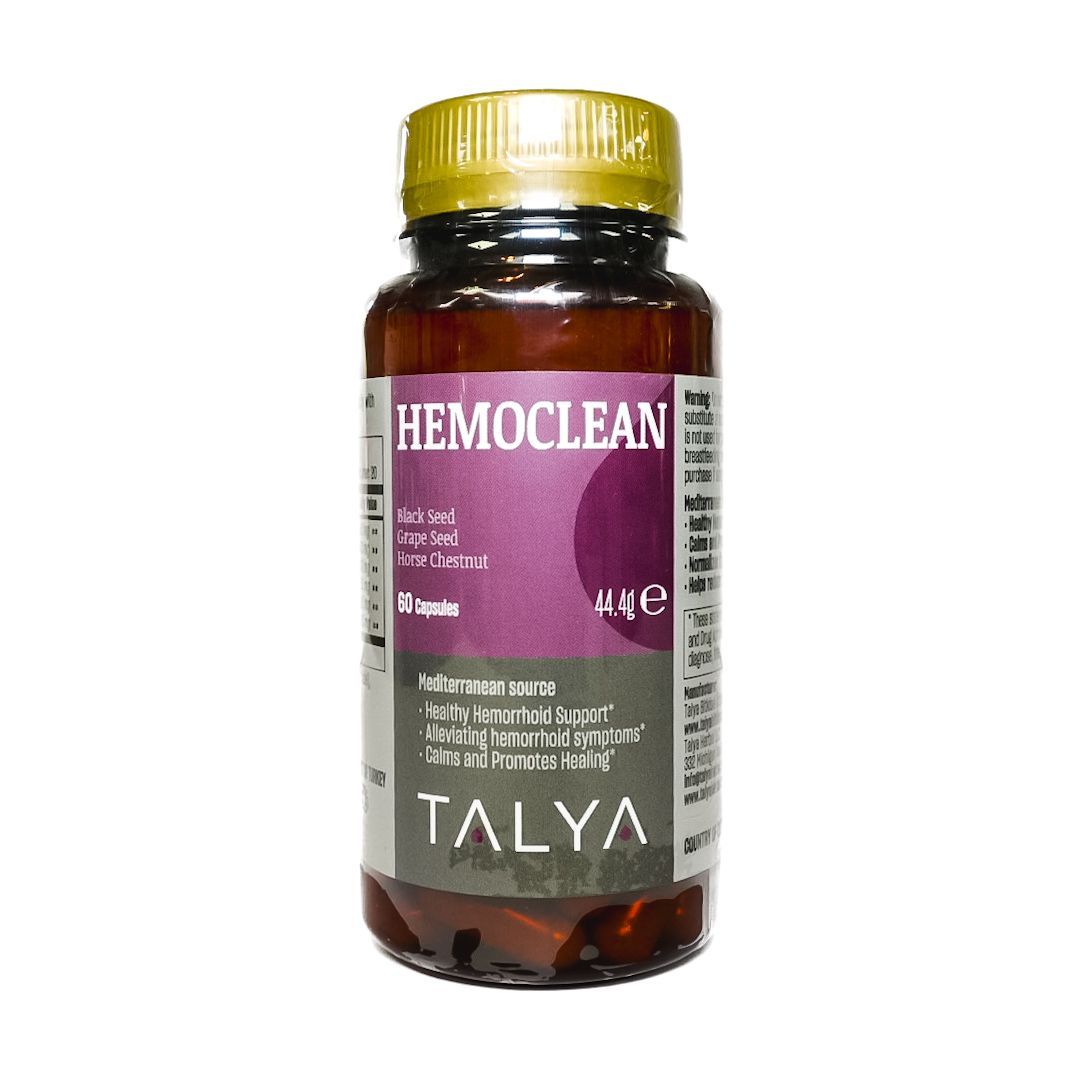 Brown bottle with gold cap labeled “HEMOCLEAN” and “TALYA” on a white background