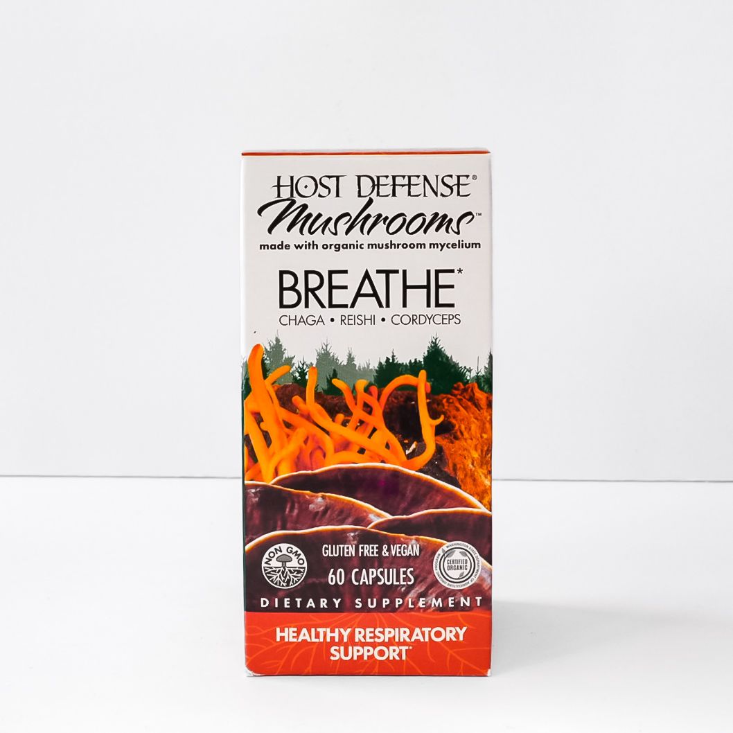 Nature's Way Lion's Mane Mushroom Breathe supplement box with orange mushroom artwork and red footer