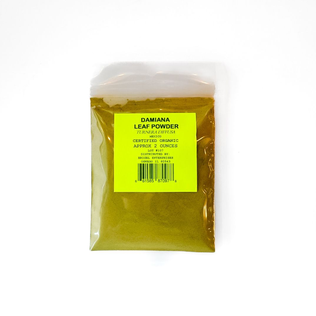 Clear plastic bag of yellow-brown powder with a neon green label and barcode on a white background