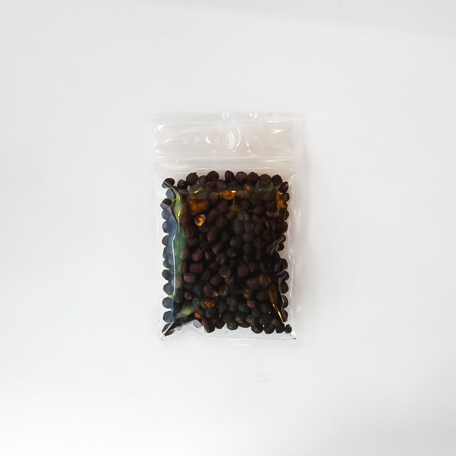 Clear plastic bag of black pellets with a bright yellow label on a white background