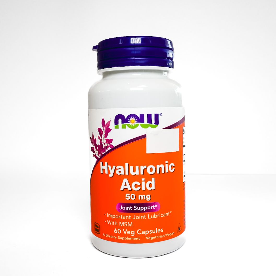 NOW Hyaluronic Acid 50 mg supplement bottle with purple cap and orange label