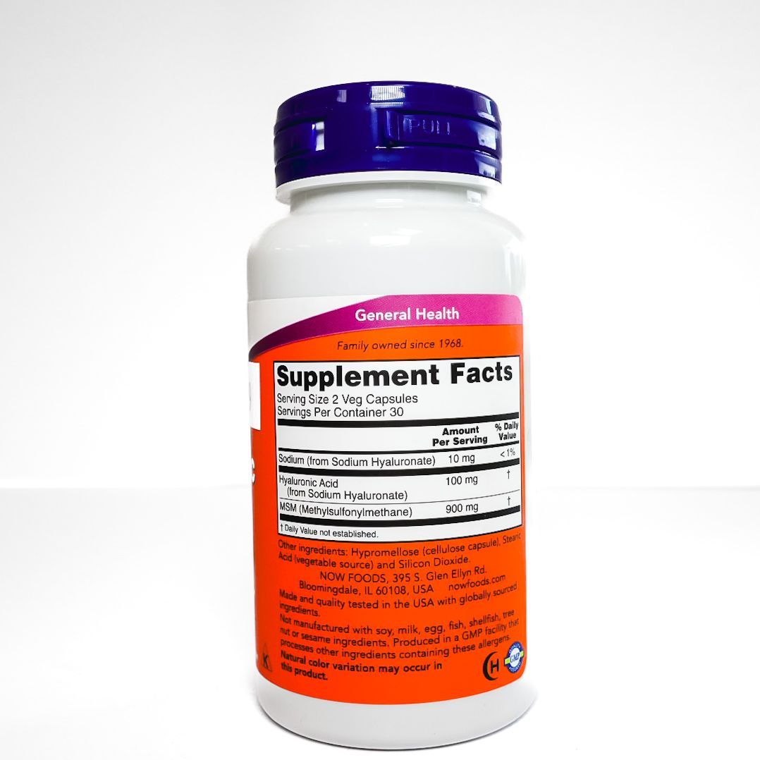 NOW Hyaluronic Acid 50 mg supplement bottle with purple cap and orange label