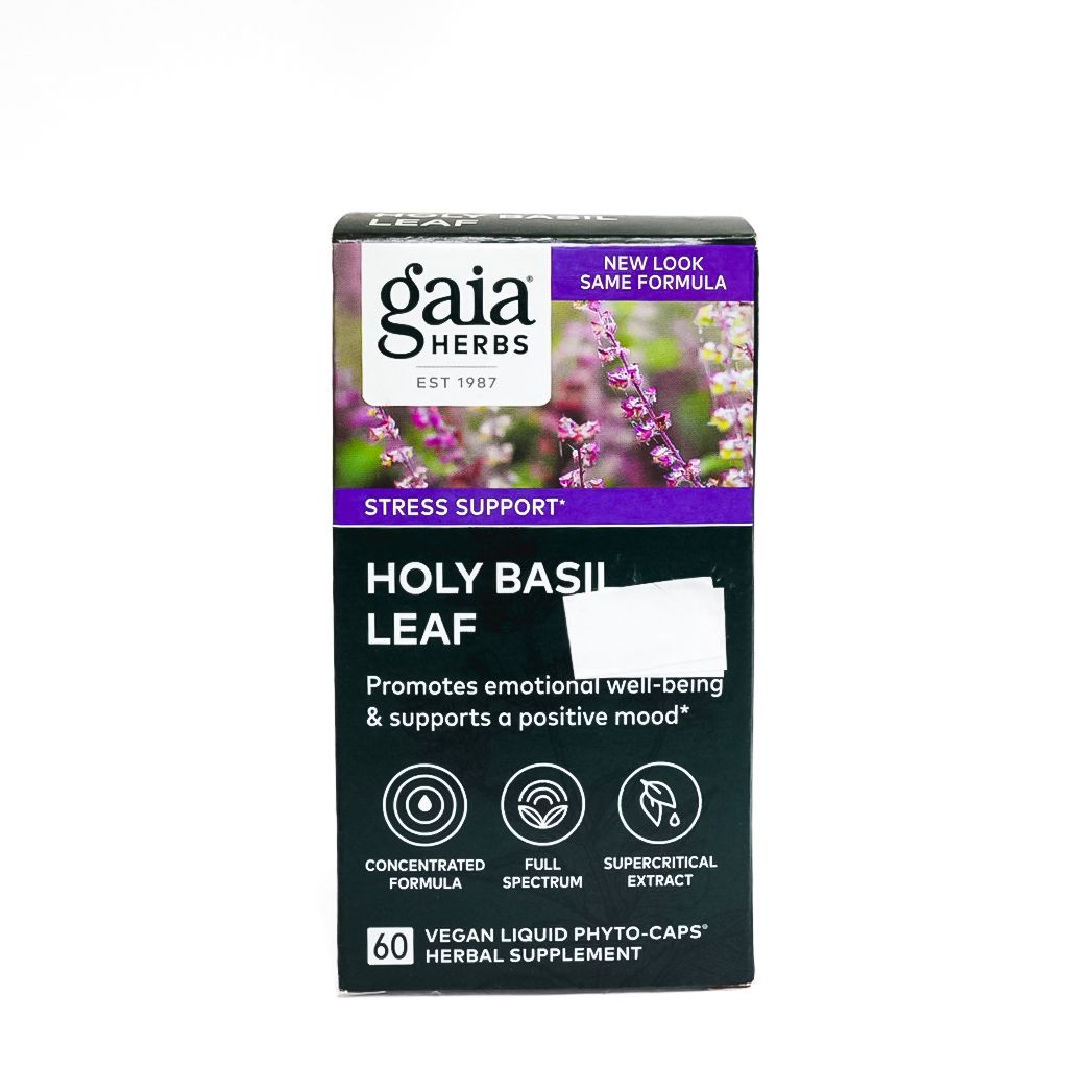 Gaia Herbs Holy Basil Leaf supplement box with purple flowers on a black package