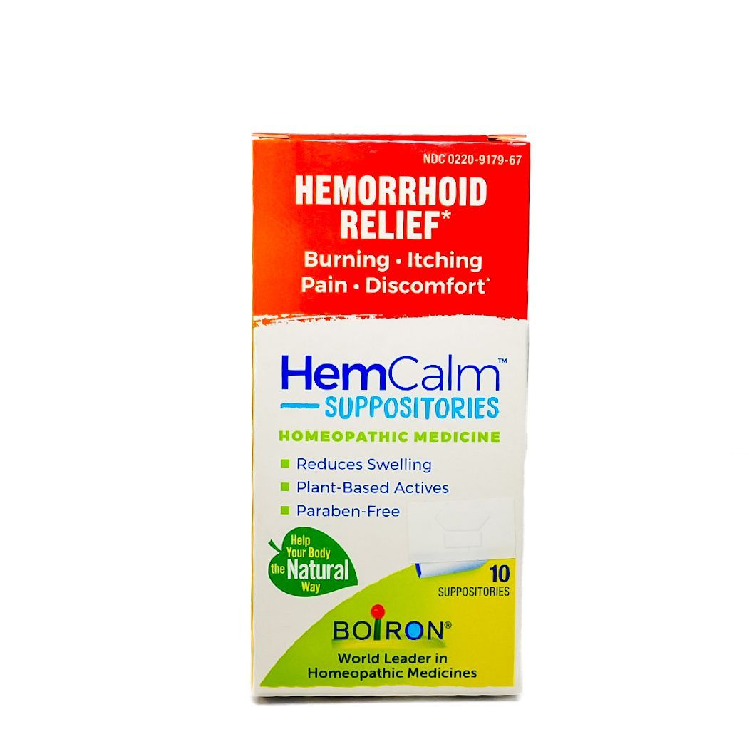 Hemorrhoid relief homeopathic medicine box with red, white, and green packaging