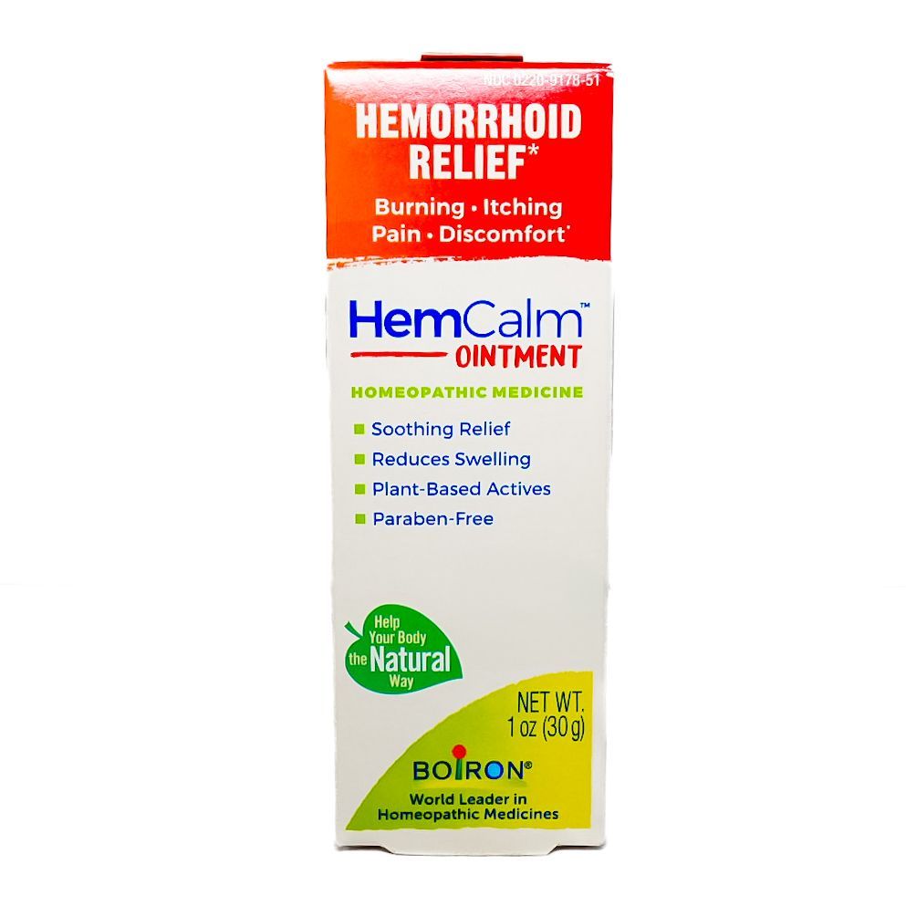 Boiron HemCalm ointment box, white with red and yellow accents, for hemorrhoid relief.