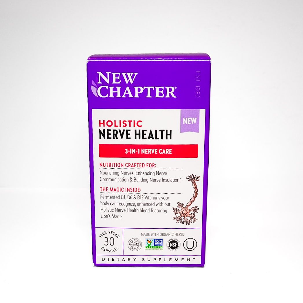 Purple-bordered supplement facts label on a white container, showing nutrition information.