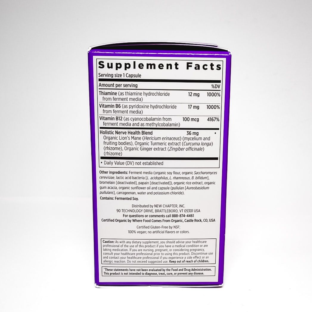 Purple-bordered supplement facts label on a white container, showing nutrition information.