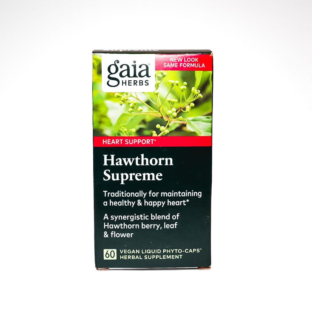 Gaia Herbs Hawthorn Supreme supplement box with green leaves on the label