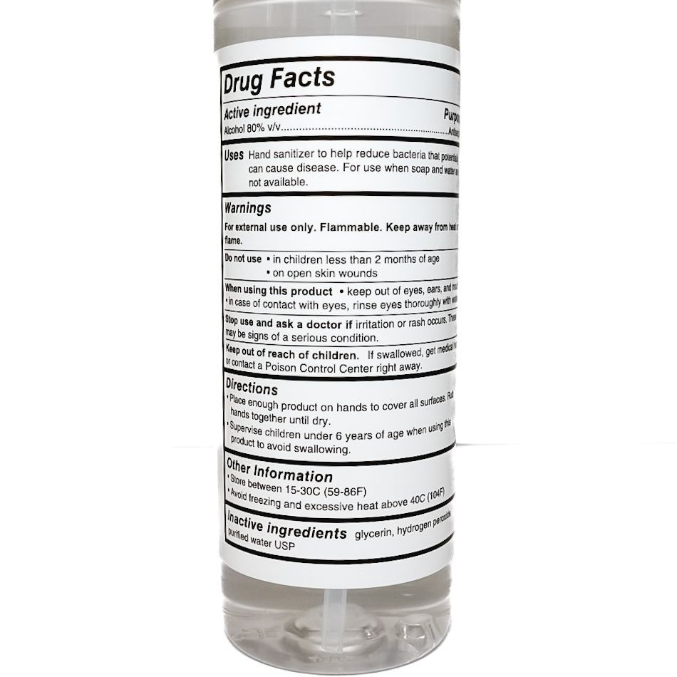 Clear plastic spray bottle of Sunfood hand sanitizer with blue-and-white label on a white background